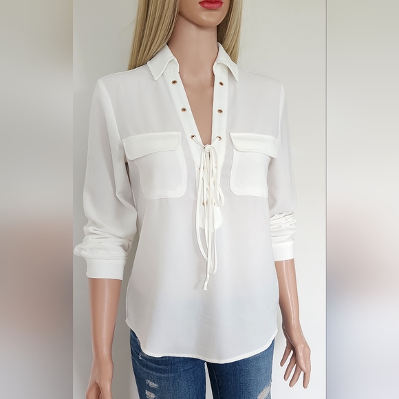 WHITE SHIRT LA MAHINA TIE LONG SLEEVE BLOUSE SHIRT XS - Picture 5 of 12